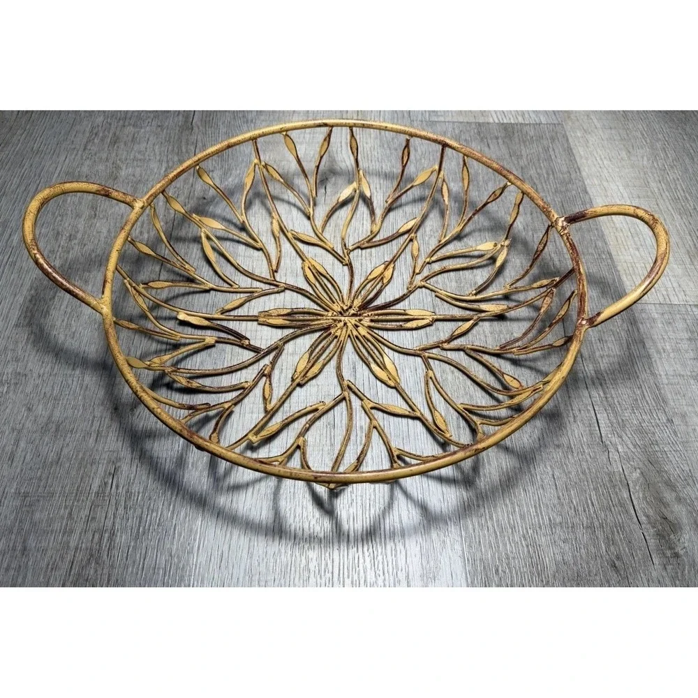 Vintage Rustic Shabby Chic Wrought Iron Gilded Flora Basket Golden Metal